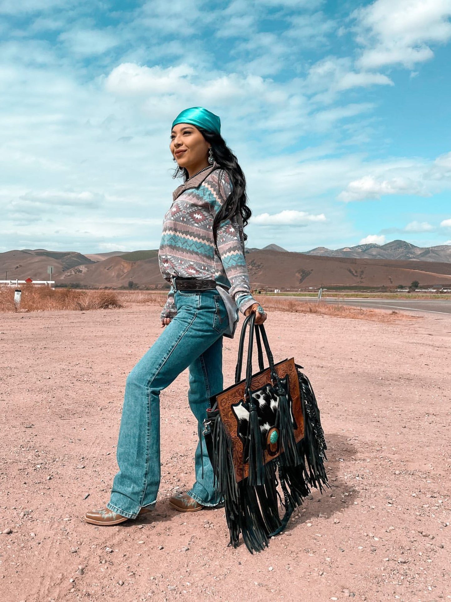 The Nashville Gunner (With Fringe) Tooled Cowhide Tote Bag