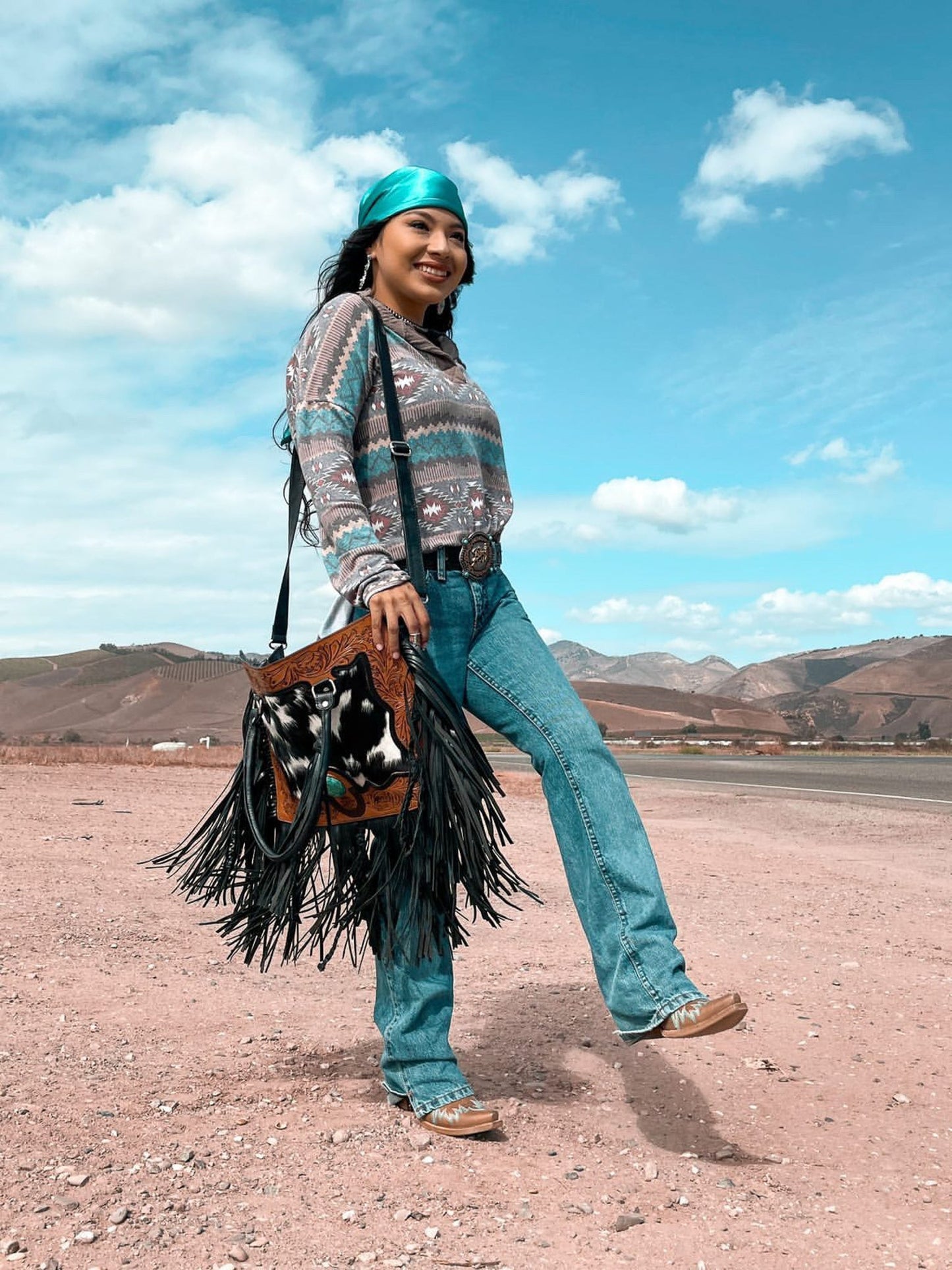 The Nashville Gunner (With Fringe) Tooled Cowhide Tote Bag