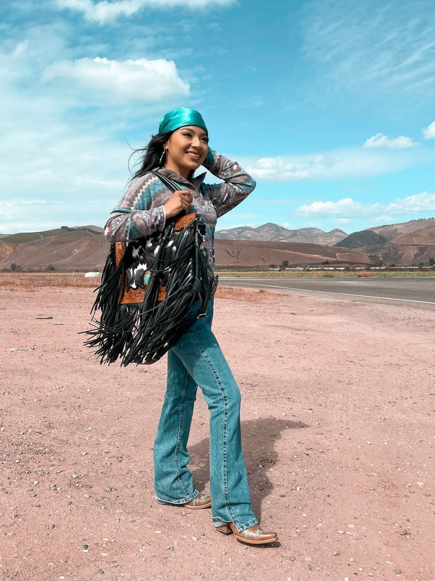 The Nashville Gunner (With Fringe) Tooled Cowhide Tote Bag