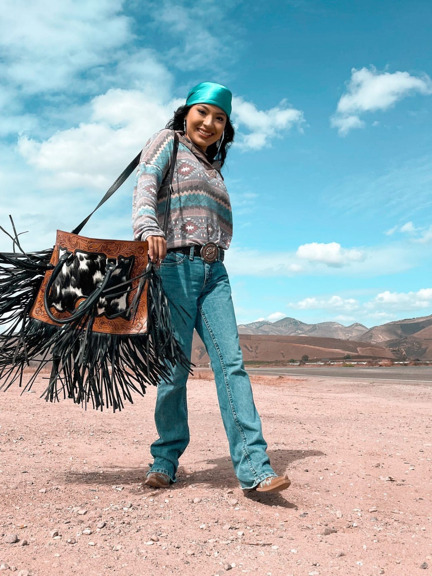 The Nashville Gunner (With Fringe) Tooled Cowhide Tote Bag