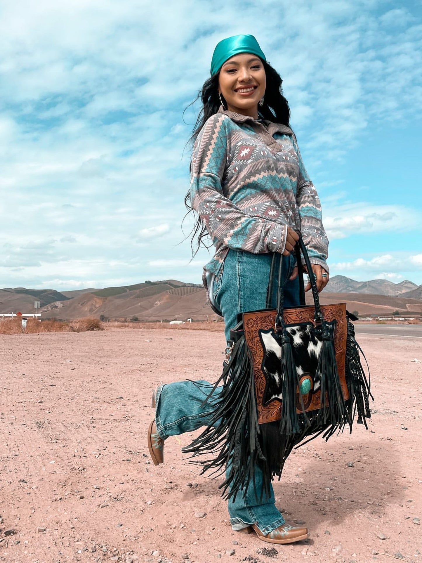 The Nashville Gunner (With Fringe) Tooled Cowhide Tote Bag