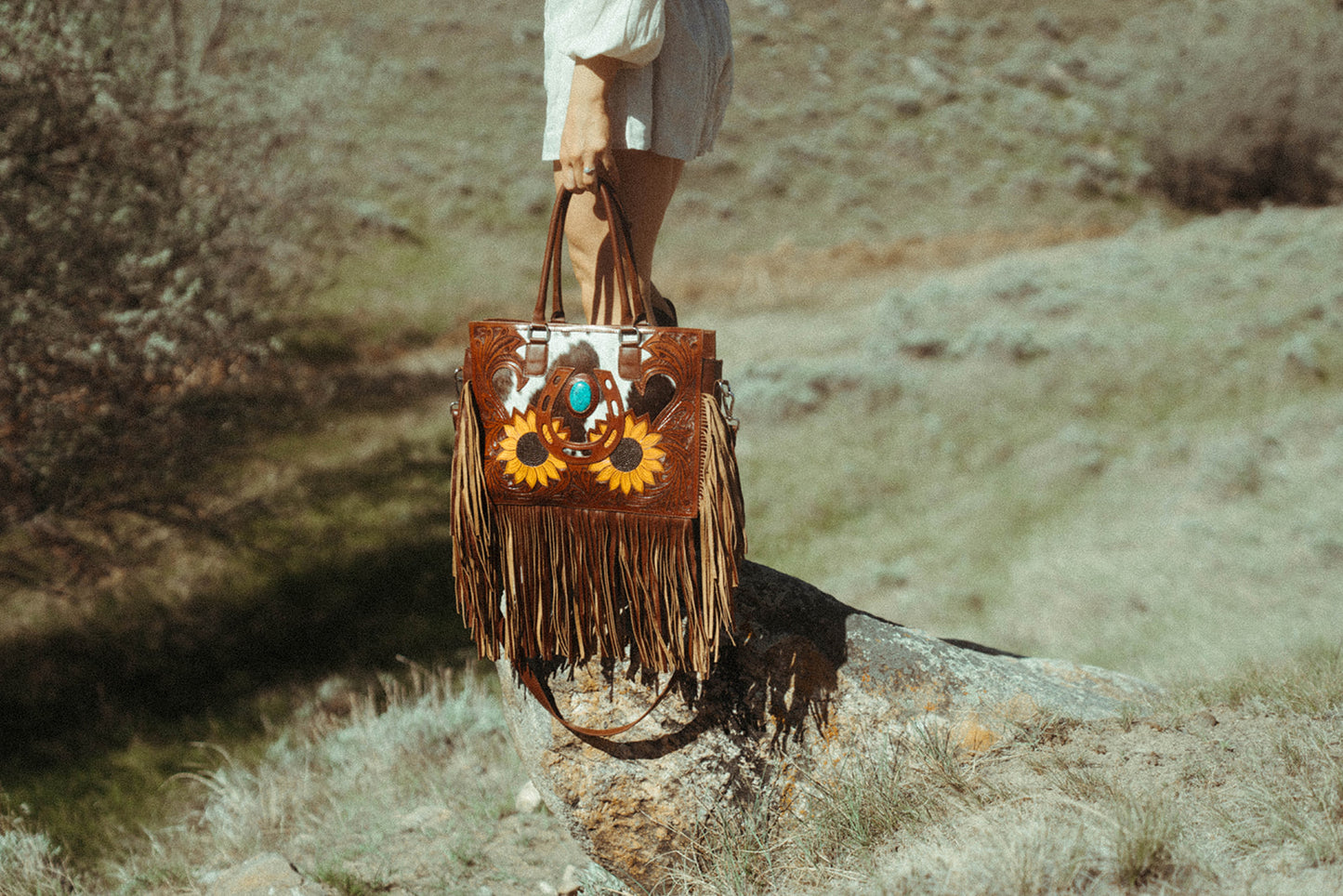 The Story Mae with Fringe Genuine Leather Tooled Western Tote Bag with Fringe and Faux Turquoise Accents