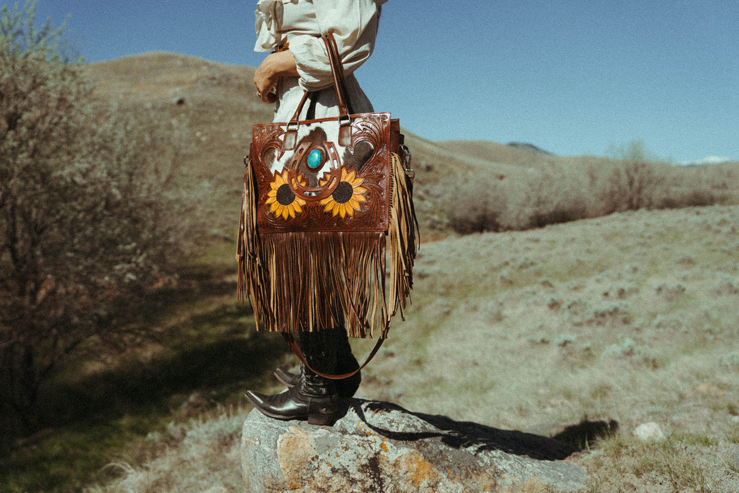 The Story Mae with Fringe Genuine Leather Tooled Western Tote Bag with Fringe and Faux Turquoise Accents