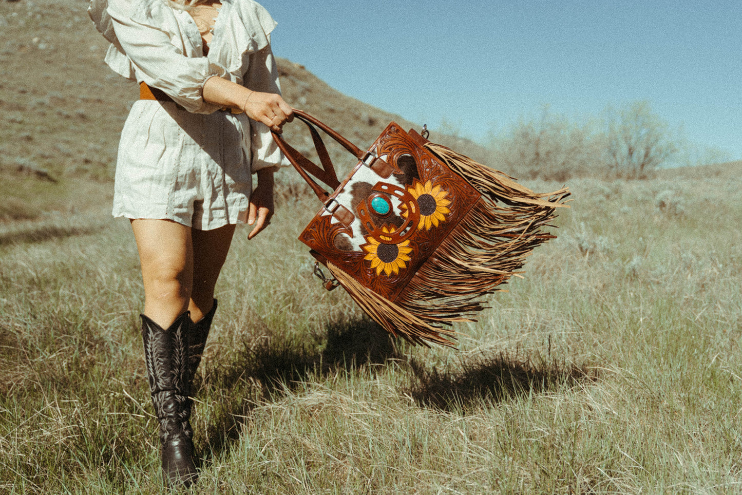 The Story Mae with Fringe Genuine Leather Tooled Western Tote Bag with Fringe and Faux Turquoise Accents