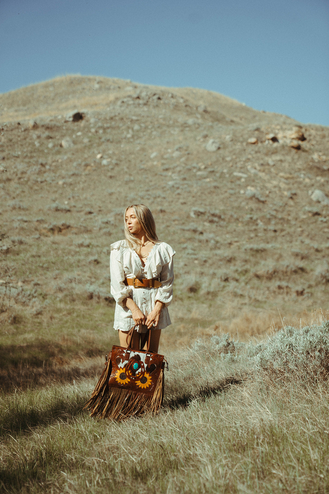 The Story Mae with Fringe Genuine Leather Tooled Western Tote Bag with Fringe and Faux Turquoise Accents