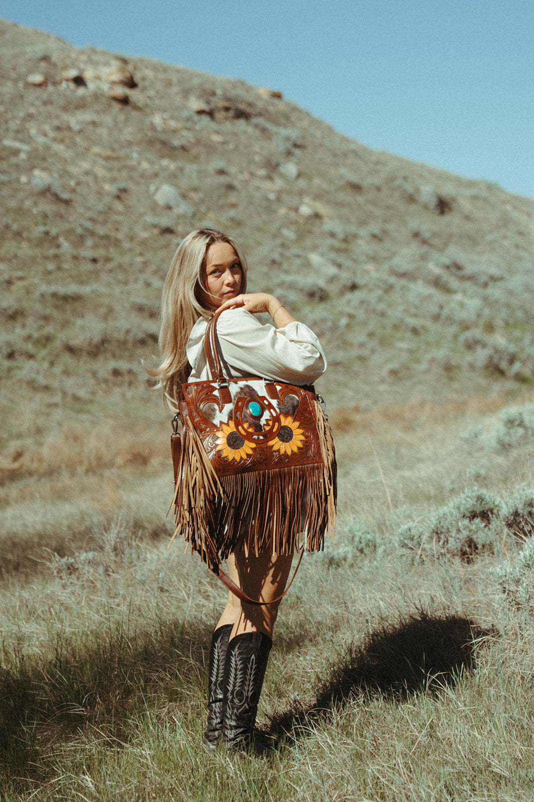 The Story Mae with Fringe Genuine Leather Tooled Western Tote Bag with Fringe and Faux Turquoise Accents