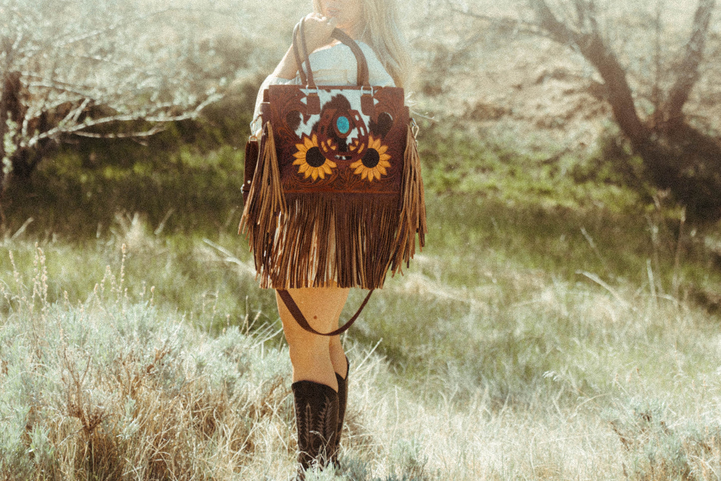 The Story Mae with Fringe Genuine Leather Tooled Western Tote Bag with Fringe and Faux Turquoise Accents