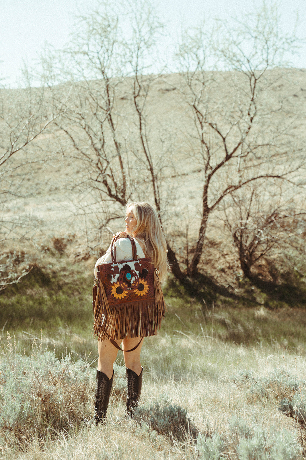 The Story Mae with Fringe Genuine Leather Tooled Western Tote Bag with Fringe and Faux Turquoise Accents