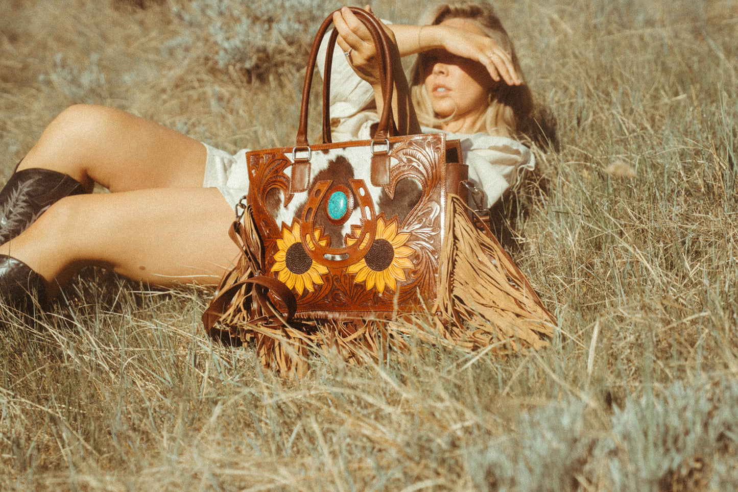 The Story Mae with Fringe Genuine Leather Tooled Western Tote Bag with Fringe and Faux Turquoise Accents