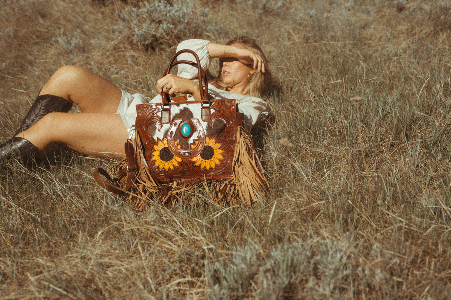 The Story Mae with Fringe Genuine Leather Tooled Western Tote Bag with Fringe and Faux Turquoise Accents
