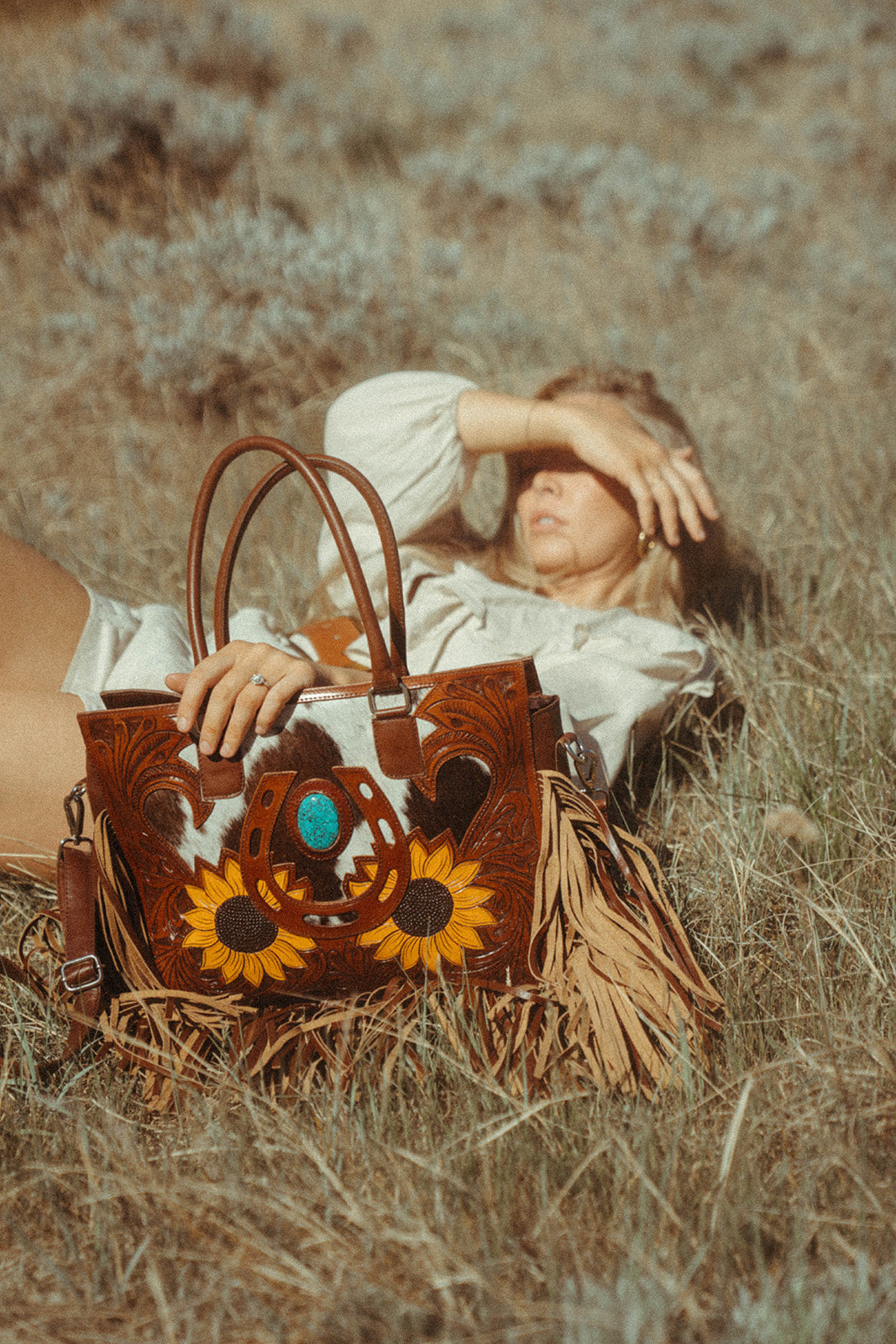 The Story Mae with Fringe Genuine Leather Tooled Western Tote Bag with Fringe and Faux Turquoise Accents