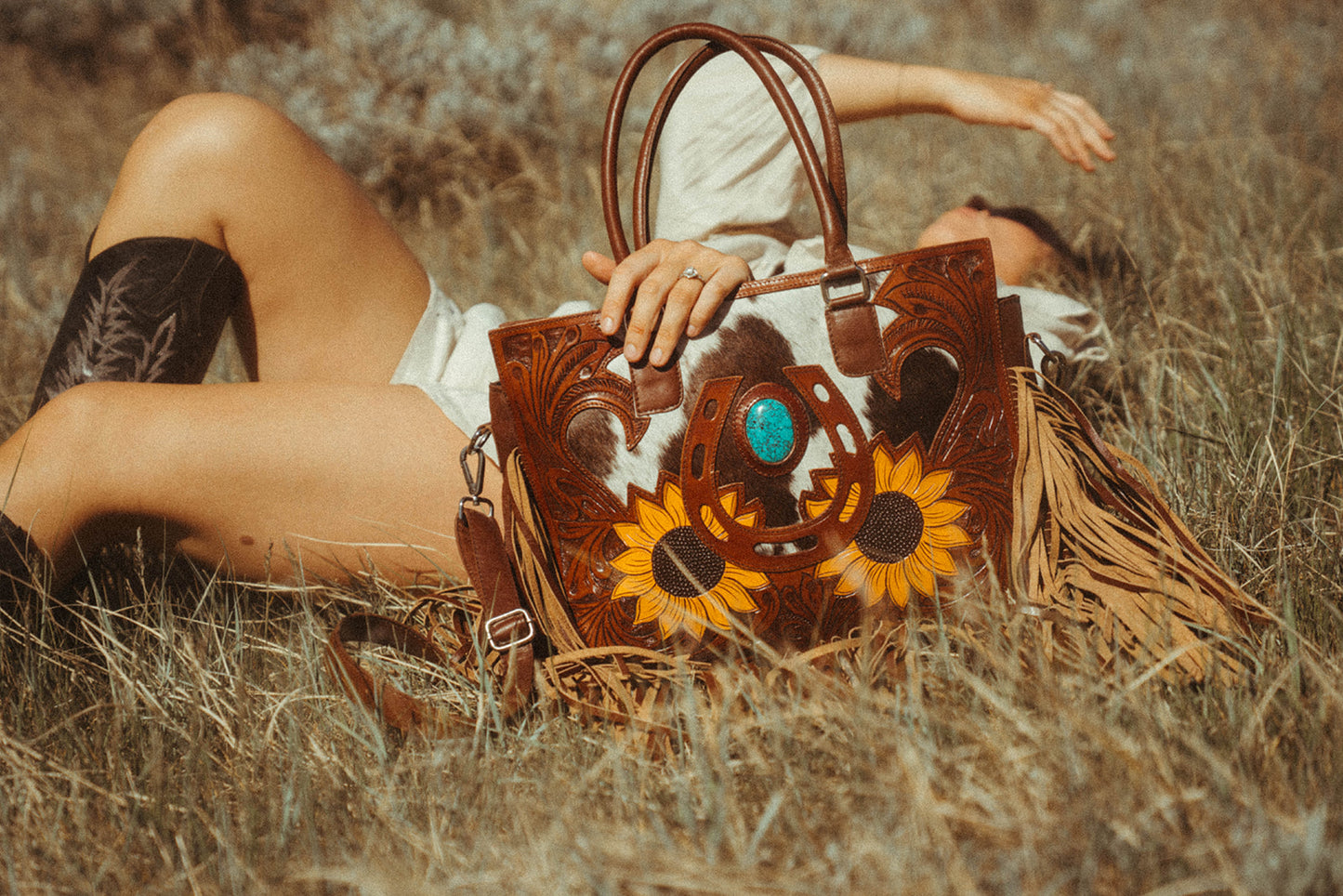 The Story Mae with Fringe Genuine Leather Tooled Western Tote Bag with Fringe and Faux Turquoise Accents
