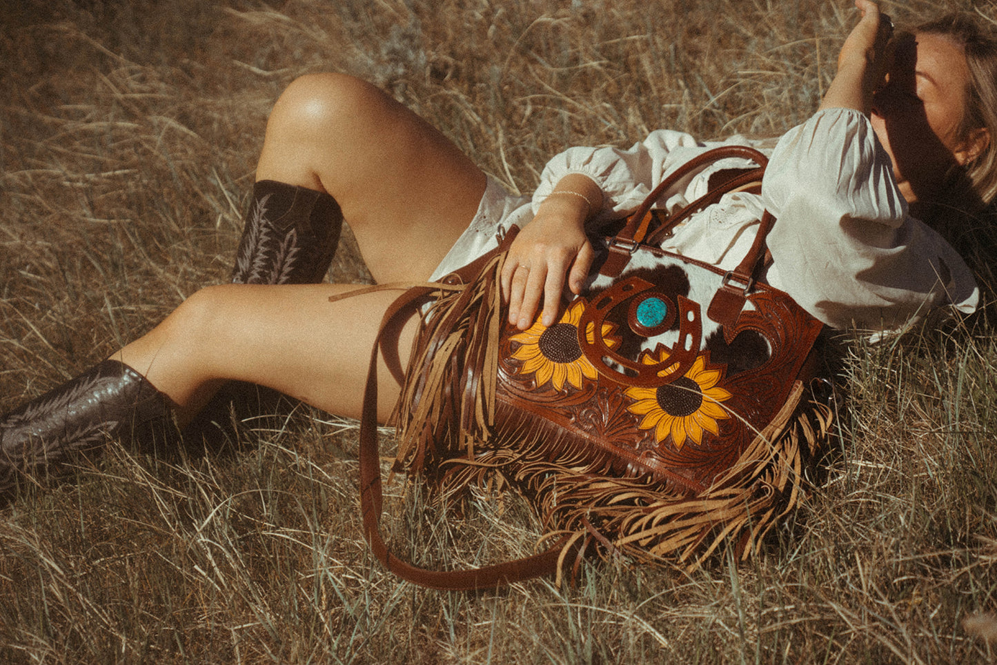 The Story Mae with Fringe Genuine Leather Tooled Western Tote Bag with Fringe and Faux Turquoise Accents