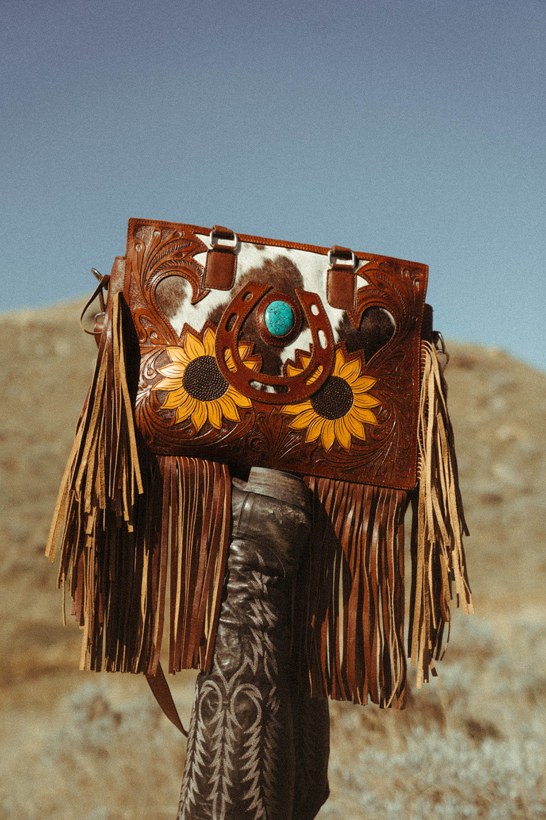 The Story Mae with Fringe Genuine Leather Tooled Western Tote Bag with Fringe and Faux Turquoise Accents
