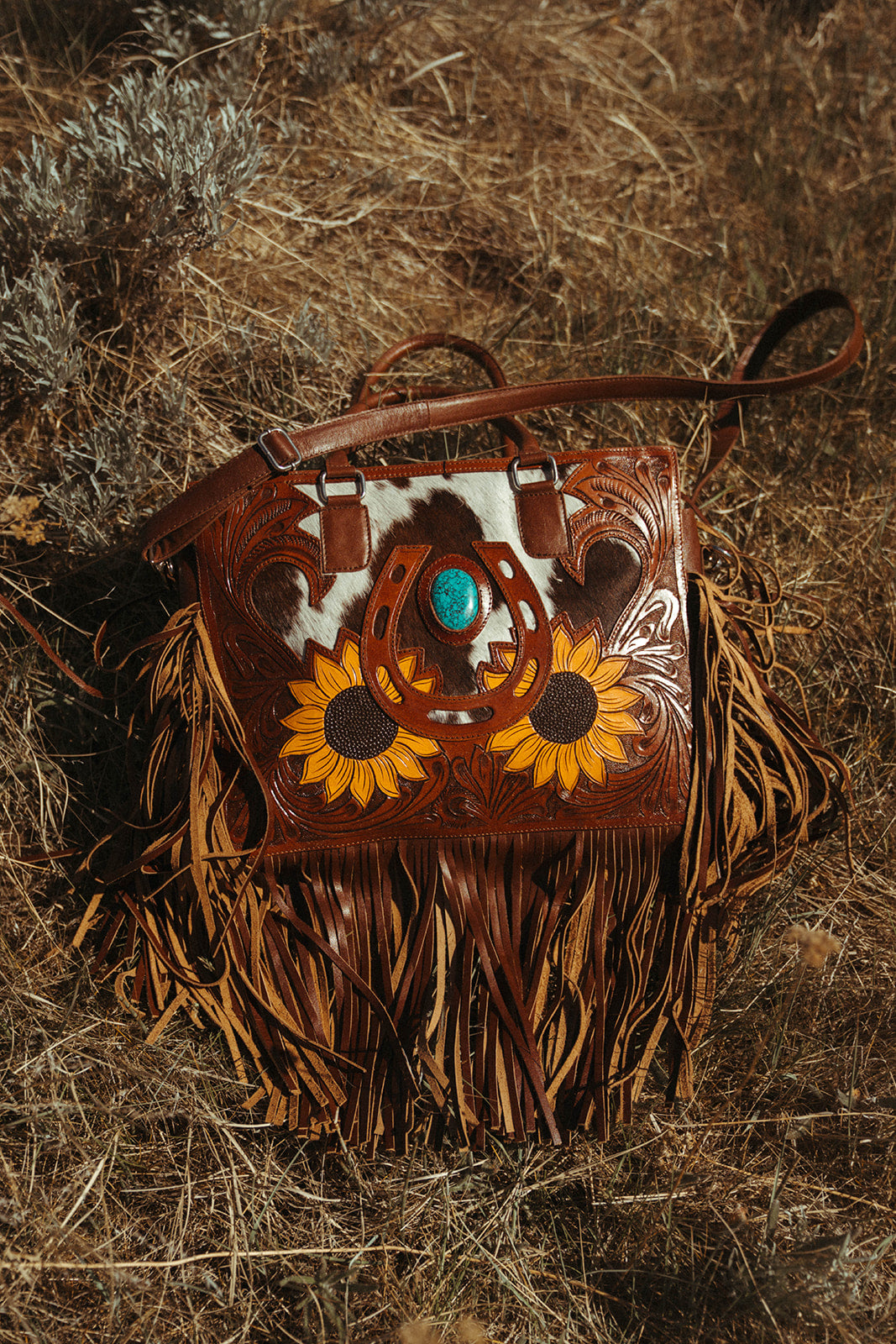 The Story Mae with Fringe Genuine Leather Tooled Western Tote Bag with Fringe and Faux Turquoise Accents