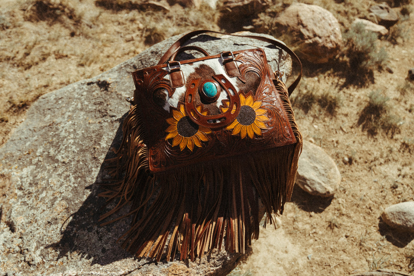 The Story Mae with Fringe Genuine Leather Tooled Western Tote Bag with Fringe and Faux Turquoise Accents