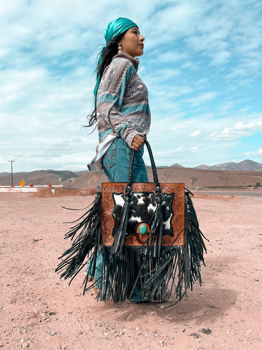 The Nashville Gunner (With Fringe) Tooled Cowhide Tote Bag