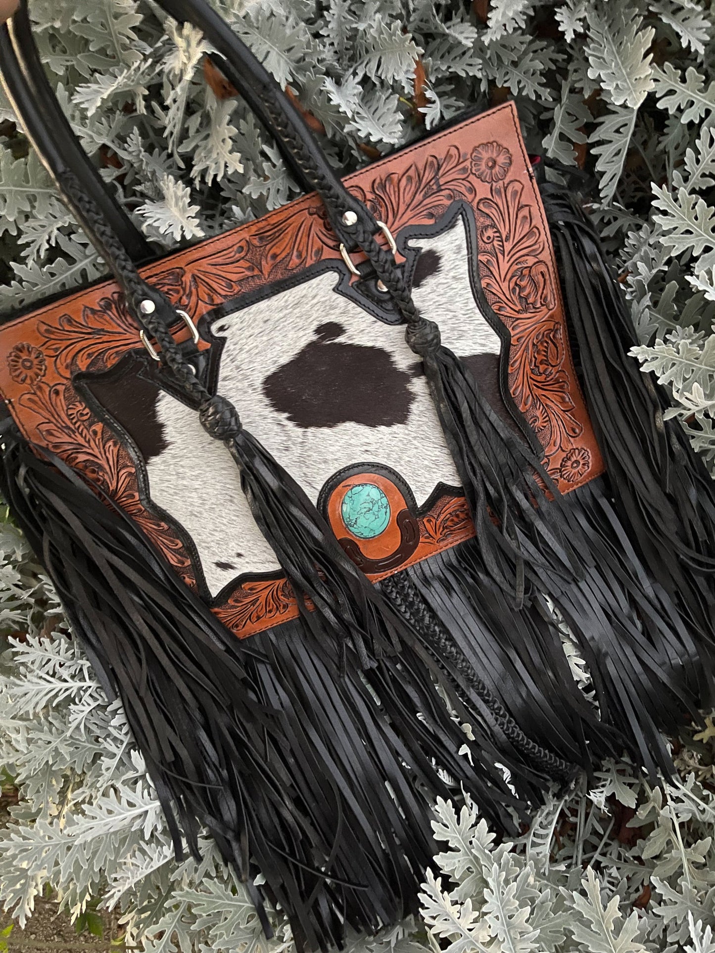 The Nashville Gunner (With Fringe) Tooled Cowhide Tote Bag