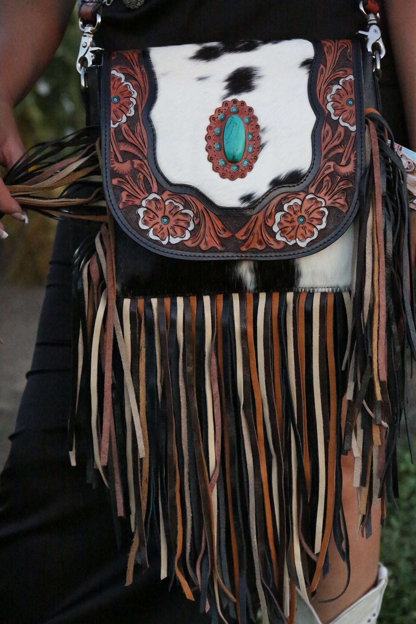 White Crossbody Fringed Leather Bag. Native American Inspired. 